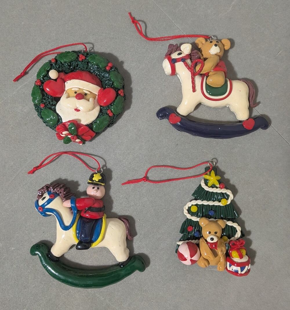 Retro 1980s Christmas Tree Ornaments Set Rocking Horses Santa Wreath Teddy Bear